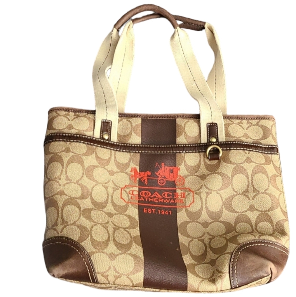 Coach Heritage Signature Stripe Tan And Brown And Red Handbag No.K0773 11349